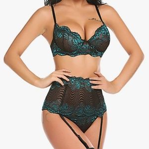 Teal Green 3 piece lingerie set.